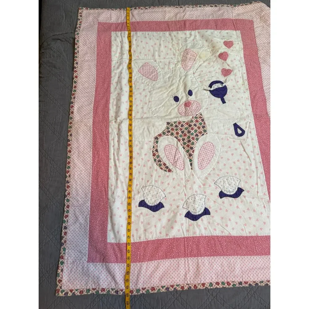 90s VTG Handmade Hunny Bunny Rabbit Baby Quilt Crib Blanket Pink & White Hearts